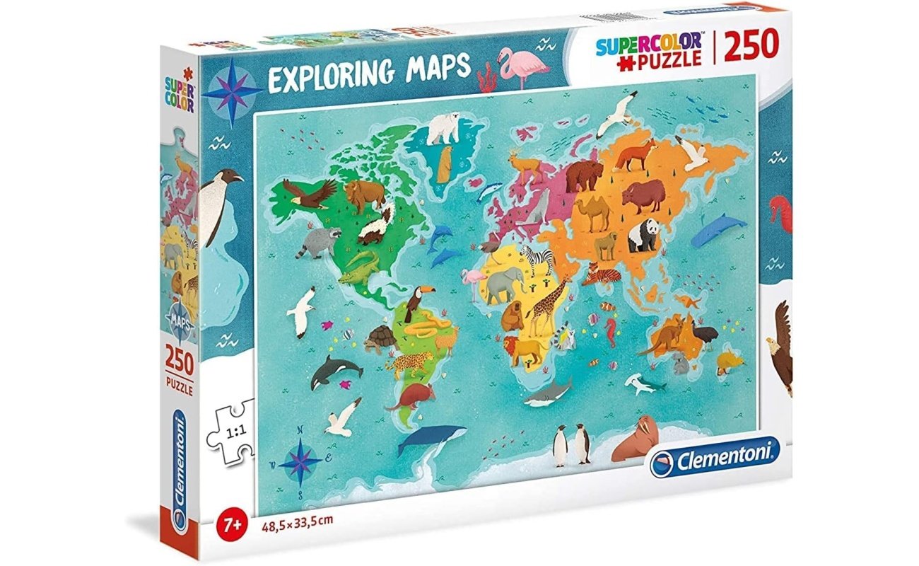 Clementoni Supercolor dėlionė “Exploring Maps – Animals in the World” 250pcs