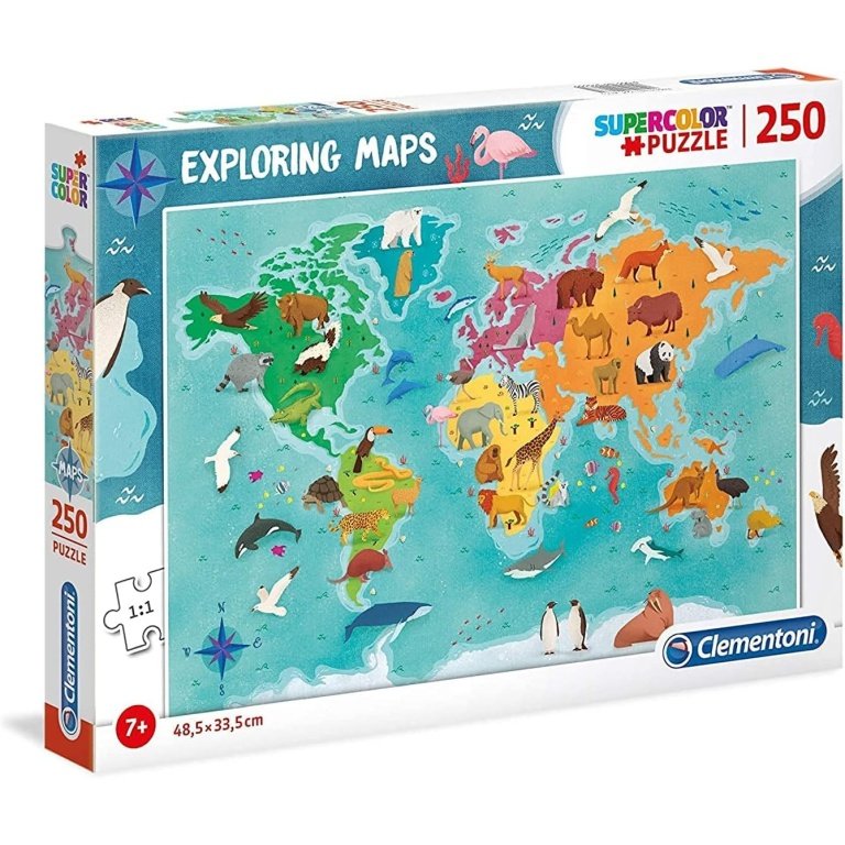 Clementoni Supercolor dėlionė “Exploring Maps – Animals in the World” 250pcs