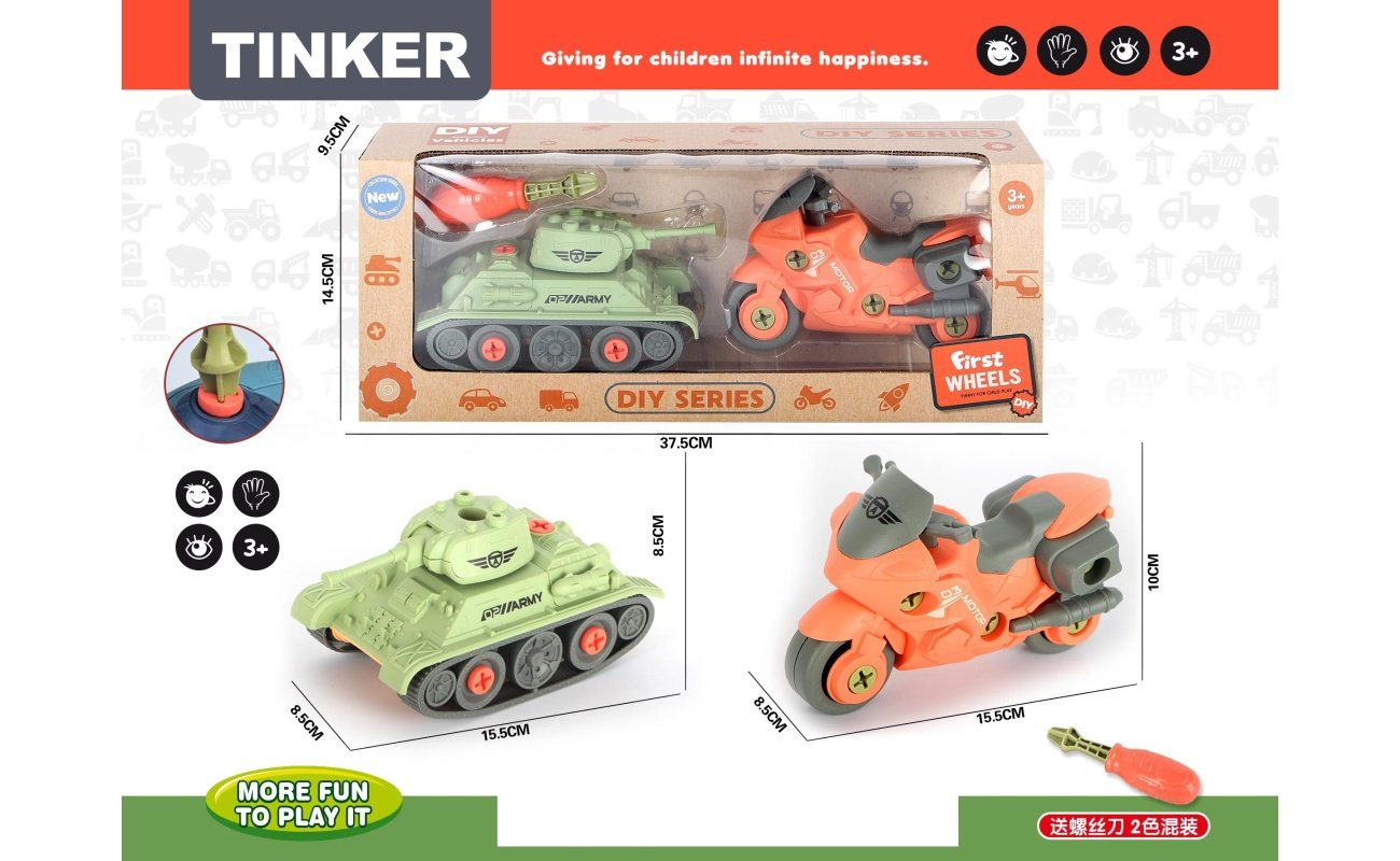 DIY Konstravimo Rinkinys „Tinker: Pirmieji Ratai“ – Tankas ir Motociklas