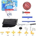 Visas krepšinio žaidimo stovo komplektas: lenta, lankas, kamuoliai, pompa, rėmo dalys ir jungtys.