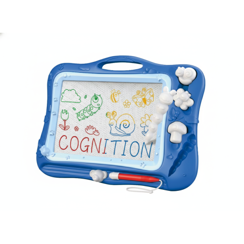 Mėlyna magnetinė piešimo lenta su baltomis formelėmis ir raudonu magnetiniu pieštuku, skirta vaikams kūrybiškai piešti ir trinti.