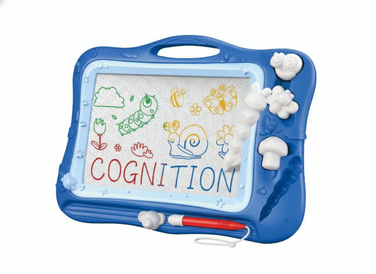 Mėlyna magnetinė piešimo lenta su baltomis formelėmis ir raudonu magnetiniu pieštuku, skirta vaikams kūrybiškai piešti ir trinti.