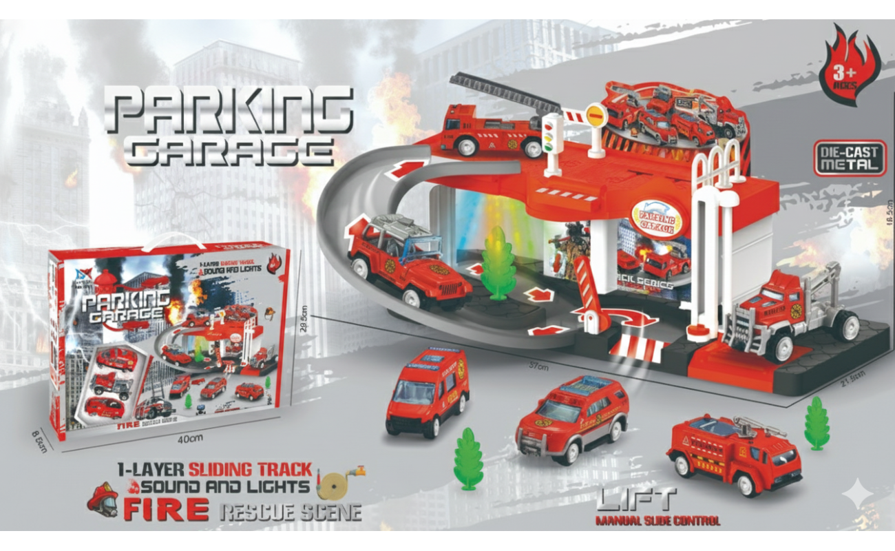 Vieno aukšto gaisrinės garažo žaidimų rinkinys su rampe, šviesomis ir garsais, trimis gaisrinėmis mašinėlėmis ir garažo matmenimis.