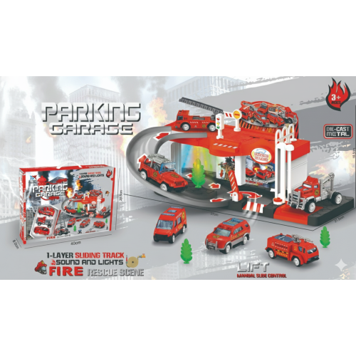 Vieno aukšto gaisrinės garažo žaidimų rinkinys su rampe, šviesomis ir garsais, trimis gaisrinėmis mašinėlėmis ir garažo matmenimis.