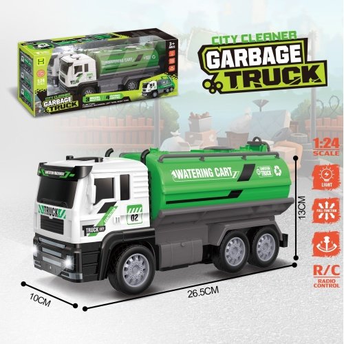 Žaislinis radijo bangomis valdomas šiukšliavežės sunkvežimis, parodytas su pakuote ir išmatavimais.