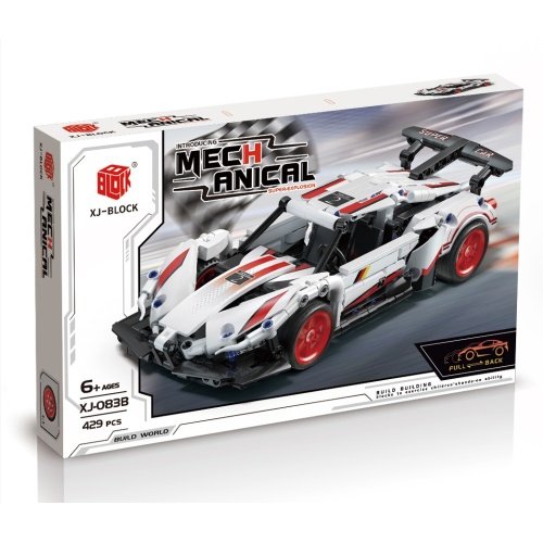 Konstruktorius – sportinė mašina (429 det.) produkto pakuotė, dėžė su modelio atvaizdu.