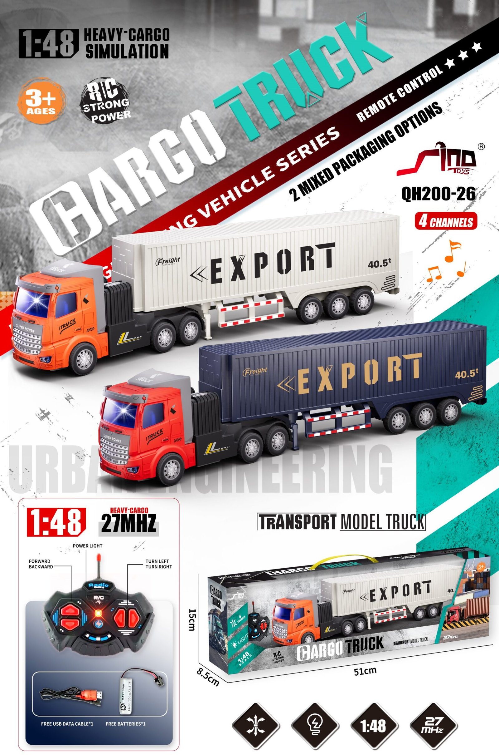 QH200 26 Nuotoliniu būdu valdomas vilkikas su puspriekabe „Export“ 1:48